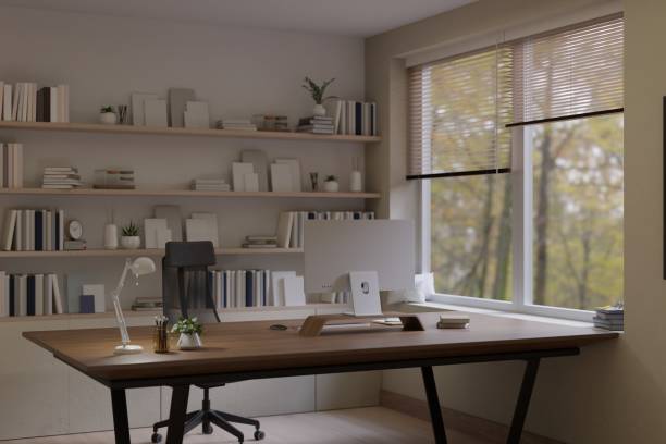 istock Minimal contemporary home office or private office interior design with PC computer 1475193570