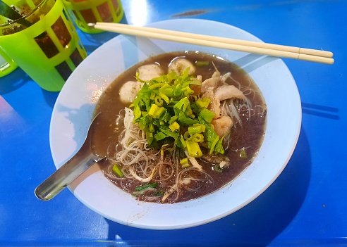 Stew Pork Noodle Soup with meatballs - Thai street food.