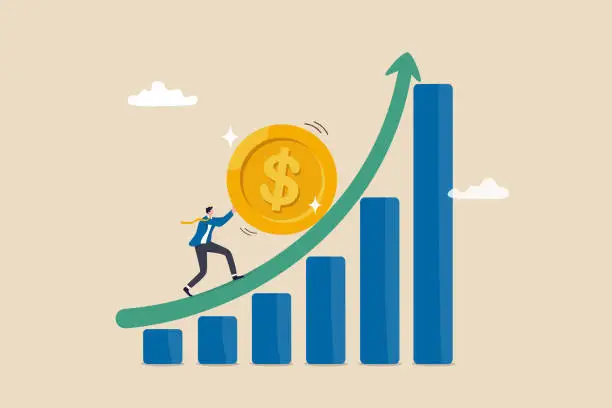 Vector illustration of Compound interest exponential growth, investing earning profit, wealth management or savings, pension fund growing in long term investment concept, businessman push money coin up exponential graph.