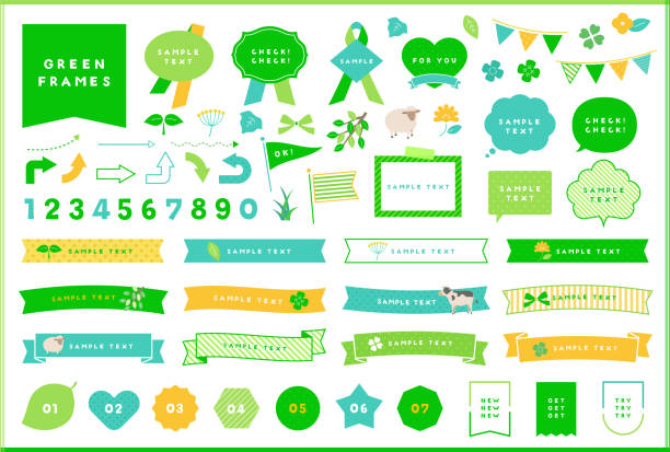 Cute green illustration, frame and ribbon design set. This collection includes speech balloon, doodles, arrows, leaves, flowers, plants and more. Cute green illustration, frame and ribbon design set. This collection includes speech balloon, doodles, arrows, leaves, flowers, plants and more. clover celebration event sparse simplicity stock illustrations