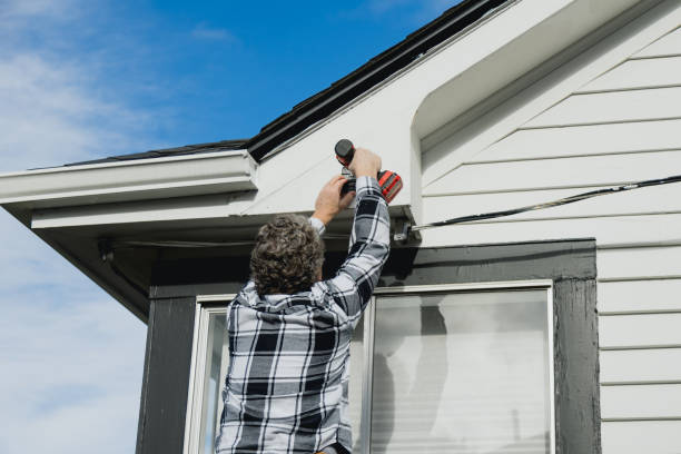 Home Owner Installing Security Light and Camera - fotografia de stock