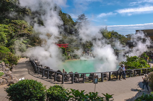 Beppu,Oita,Kyushu,Japan - October 15, 2018 :Umi Jigoku, natural hot spring, sea hell, blue water and hot