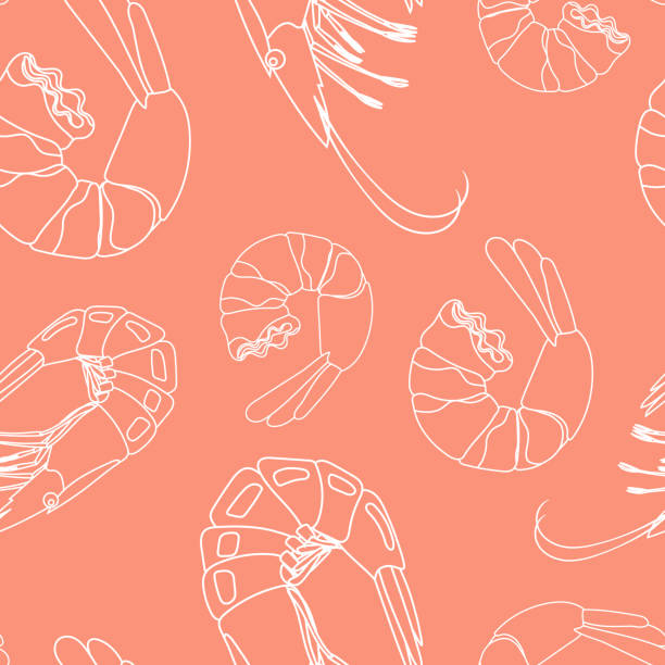 garnelen nahtloses muster rosa. meeresfrüchte, tapeten und stoffe für die küche. asiatisches essen. - felsengarnele stock-grafiken, -clipart, -cartoons und -symbole