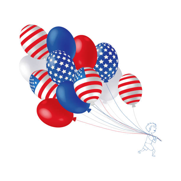 風船を持つ少年独立記念日、7月4日を記念してアメリカ国旗をデザインした風船のバナー。 - fourth of july honor freedom square点のイラスト素材／クリップアート素材／マンガ素材／アイコン素材