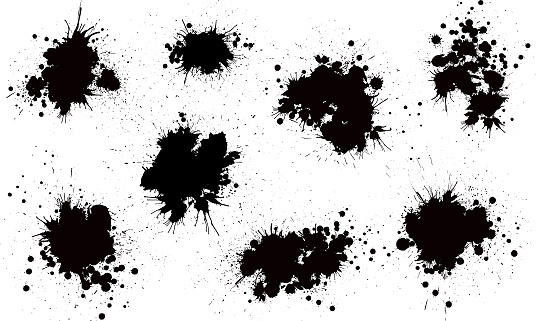 Black grunge paint spray marks and splat patterns vector illustrations