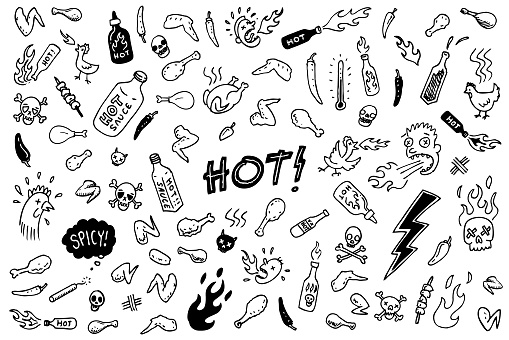 Spicy hot hand drawn style Buffalo chicken wings and hot sauce doodle sketches vector illustration