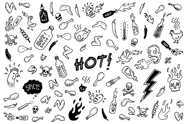 Spicy chicken doodle drawings Spicy hot hand drawn style Buffalo chicken wings and hot sauce doodle sketches vector illustration comic book outline stock illustrations