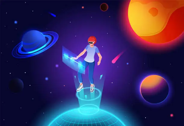 Vector illustration of Woman in headset glasses virtual reality, flying weightlessness with neon hologram in orbit earth planet. Universe, metaverse education astronomy science in AR digital technology. Vector illustration