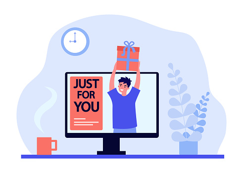 Computer screen with just for you banner and happy man with gift. Special offer or personalized recommendation for taste of consumer vector illustration. Personalization, promotion, ecommerce concept