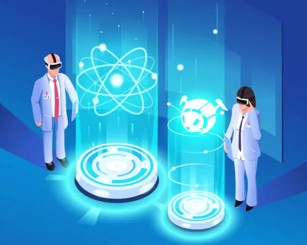Vector illustration of Scientists in vr headset glasses, researching molecular atom, proton, electron in met averse. Isometric virtual reality 3d hologram of scientific technology in robotics laboratory. Vector illustration