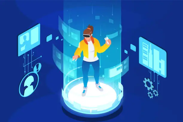 Vector illustration of Young woman wearing headset googles and touching vr 360 interface network. Man education into virtual reality database holograms. Future technology entertainment metaverse concept. Vector illustration