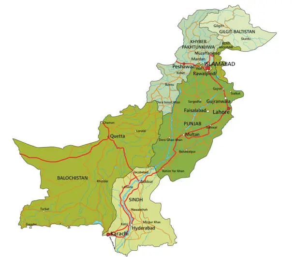 Vector illustration of Highly detailed editable political map with separated layers. Pakistan.