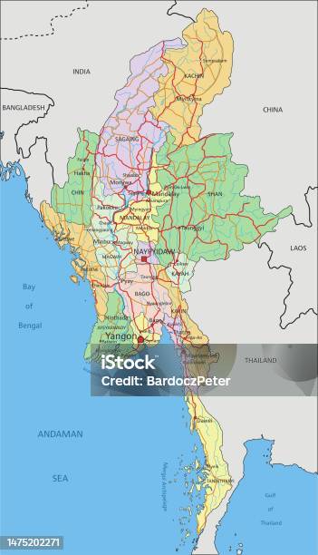 Myanmar Complete Map Myanmar Highly Detailed Editable Political Map With Labeling Stock ...