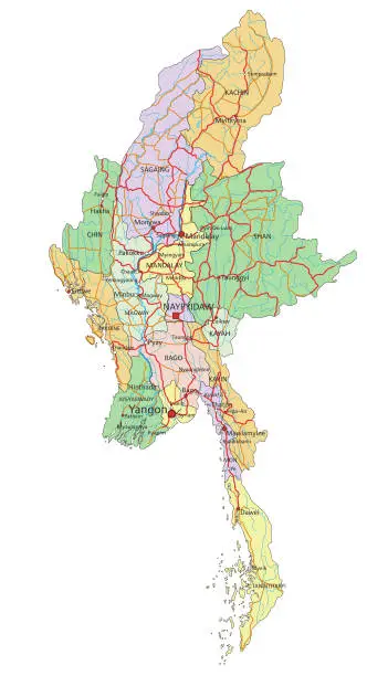 Vector illustration of Myanmar - Highly detailed editable political map with labeling.