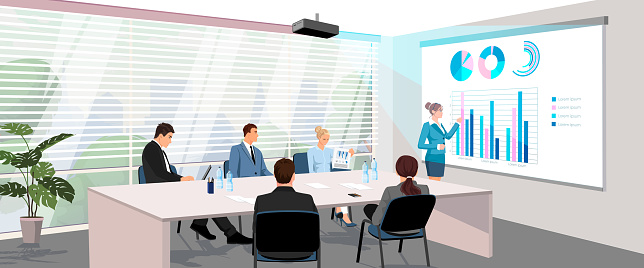 People meeting and sitting at workplace desk on presentation in office cabinet with big window. Woman stands near financial diagram, infographic at hologram from video projector. Vector illustration
