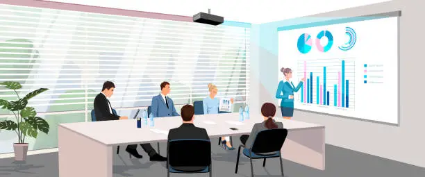 Vector illustration of People meeting and sitting at workplace desk on presentation in office cabinet with big window. Woman stands near financial diagram, infographic at hologram from video projector. Vector illustration