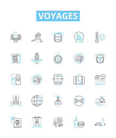 Voyages vector line icons set. Tours, Trips, Cruises, Journeys, Tours, Excursions, Adventures illustration outline concept signs and symbols