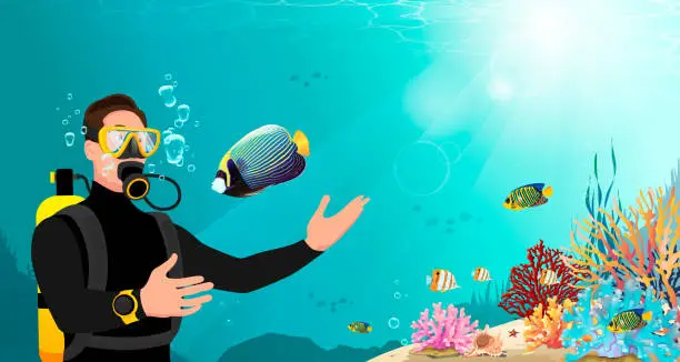 Vector illustration of Diver in wetsuit with scuba diving equipment swims near beautiful coral reef and exotic colorful fish. Biologist under water on deep seabed. Travel sport, hobby diving club banner. Vector illustration