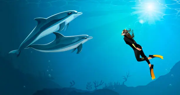 Vector illustration of Woman diver swimming with wild dolphins in ocean. Free diving underwater concept poster. Girl biologist snorkeling with animals in wetsuit and yellow fins on the deep seabed fauna. Vector illustration
