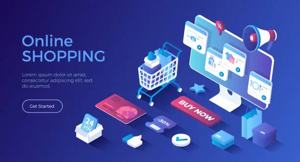 Vector illustration of Online shopping, internet retail. Buying payment online. Application service website banking. Online store cart, credit card, megaphone, discount, sale. Isometric landing page. Vector web banner.