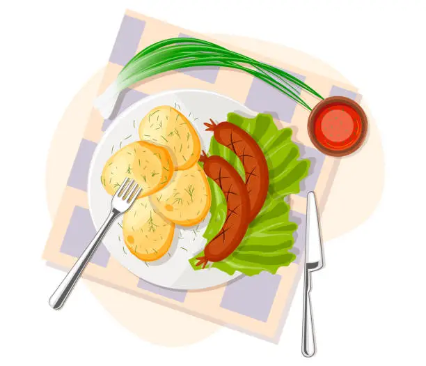 Vector illustration of Potatoes pancakes with sausages on green salad. Popular and healthy lunch, dinner meal. Image of traditional food menu. Restaurant plate served napkin, fork, knife. Isolated flat vector illustration