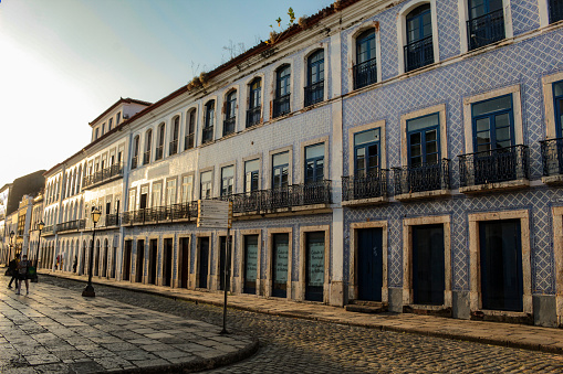 Facades, in Portuguese tiles, of old buildings, on the famous Rua Portugal, in the historic center of São Luís