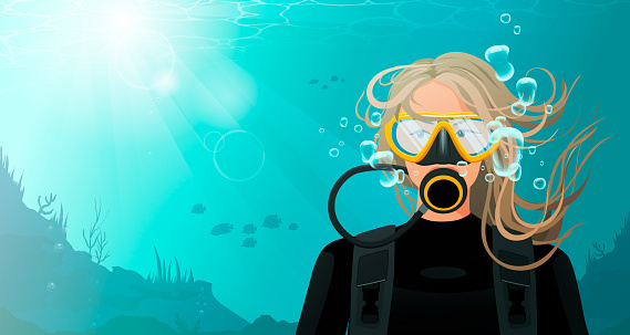 Diver woman face in scuba mask and regulator with oxygen bubbles. Blonde sporty girl front view diving in wetsuit under water on ocean, sea bottom. Travel activity, marine hobby. Vector illustration