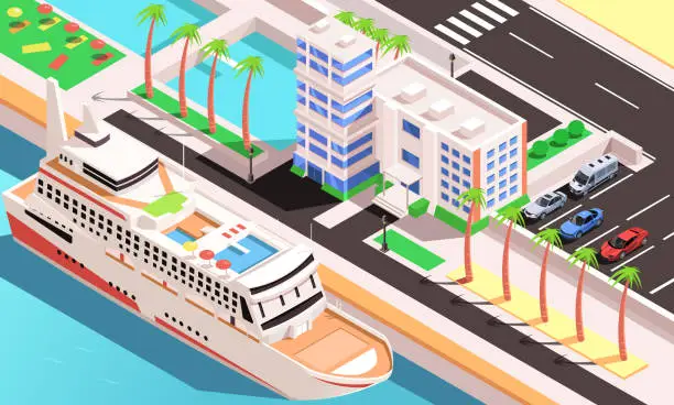 Vector illustration of Big cruise liner with pool and spa parked in city port, harbor. Marine journey in touristic hotel at large ship, vessel. Voyage liner, yacht waiting people with tickets. isometric vector illustration