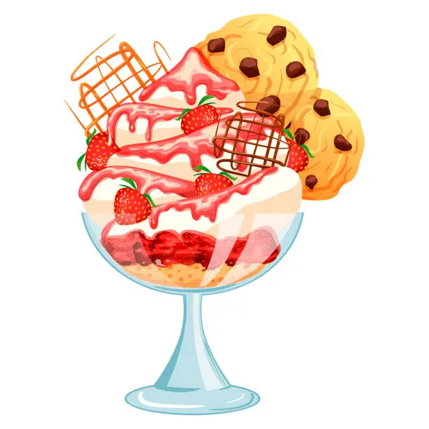 Vector illustration of Layered ice cream large portion in glass bowl, cup with strawberry jam topping. Tasty cafe fruit dessert with cookie and fresh berries. Image for menu isolated on white background. Vector illustration