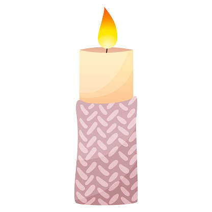 Realistic detailed burning wax candle with beauty pink candlestick isolated on background. Candlelight romantic and meditation Symbol. Wick with glowing flame with aromatic flavor. Vector illustration