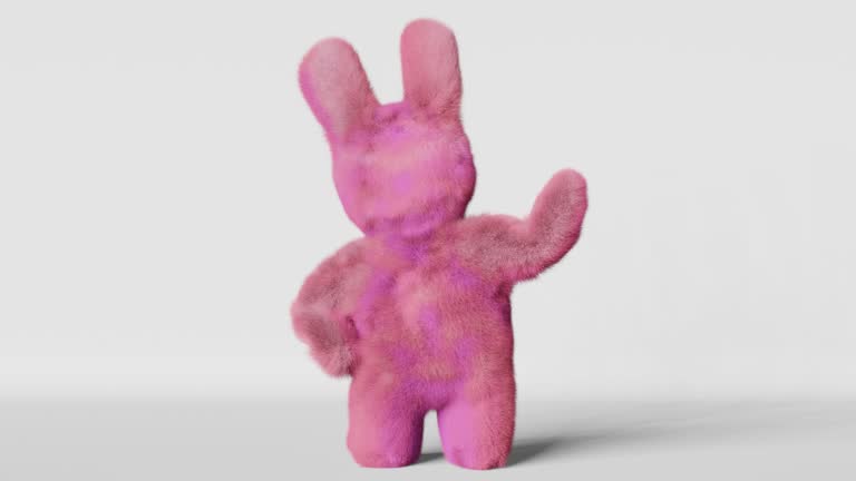 Cute plush pink Easter bunny white background greeting card 3d animation 4K Purple furry rabbit contemporary creative style. Kids birthday party invitation design Social media spring content template.