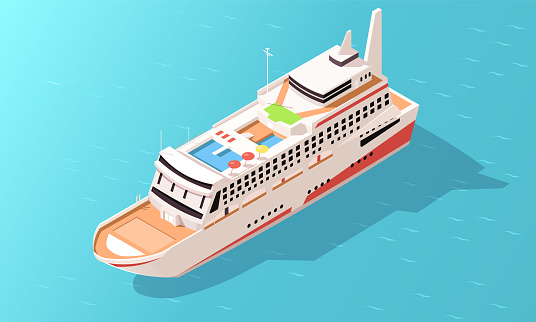 Luxury large cruise liner with pool and spa on roof. Marine journey in sea on touristic hotel, resort ship, vessel. Voyage white yacht summer holidays, vacation. 3d isometric icon, vector illustration