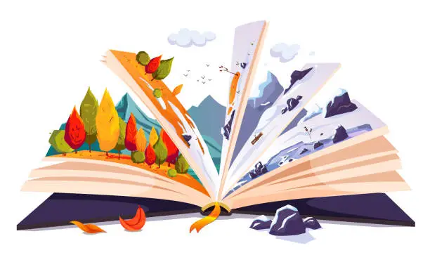 Vector illustration of Open story book with autumn forest and snowy winter, adventure different off season on sides of pages. Frozen nature landscape in mountains, rocks. Read fairy tale about journey. Vector illustration