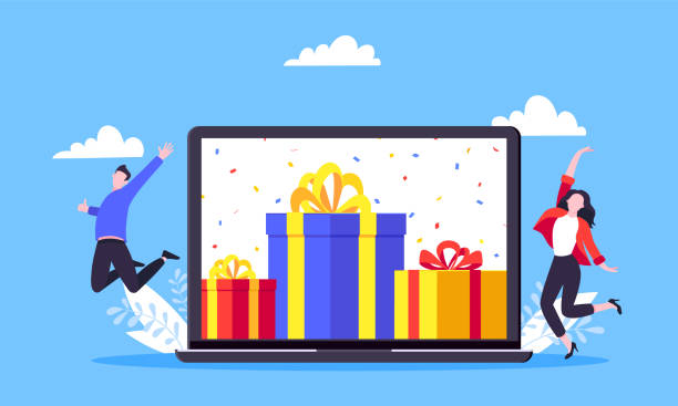 Get online reward and gifts, earn loyalty program points. Get online reward and gifts, earn loyalty program points. Get loyalty card and customer service business concept flat design vector illustration. Tiny people with big gift boxes. computer birthday stock illustrations