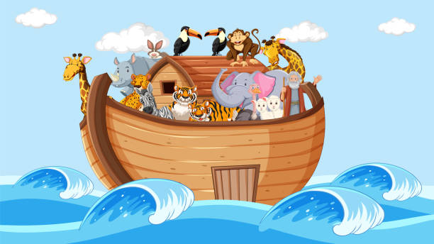 ilustrações de stock, clip art, desenhos animados e ícones de noah's ark with animals - ark cartoon noah animal