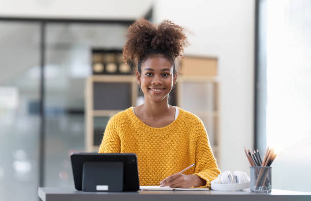 istock Black girl student online learning class study online video call remotely with teacher, girl learning language online with computer laptop 1475208564