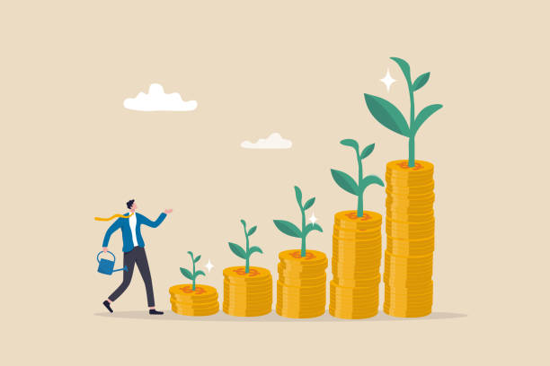 Saving growth, growing investment or earning profit, mutual fund, wealth accumulation or compound interest, pension fund prosperity concept, businessman watering growing coin stack seedling growth. vector art illustration