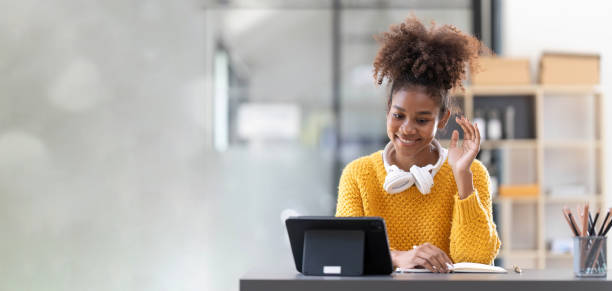 istock Black girl student online learning class study online video call remotely with teacher, girl learning language online with computer laptop 1475208705