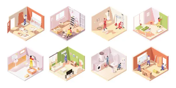 Vector illustration of Set of renovation concept with professional team of repair men. Plumbers fix pipelines. Painter paints wall. Contractor specialist indoor home. Room repair service isometric view. Vector illustration
