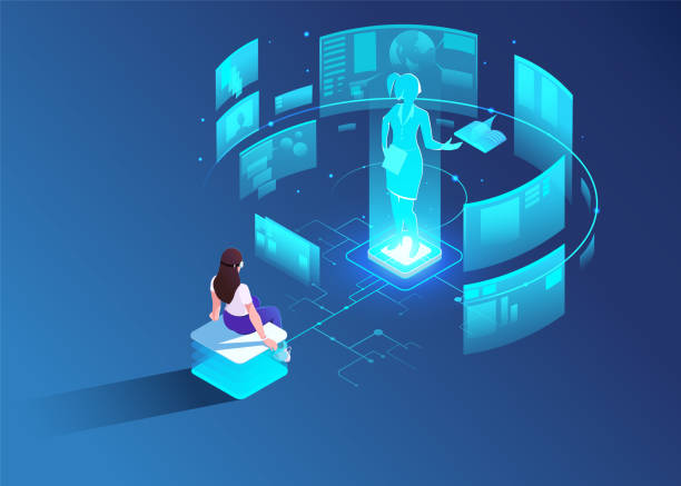 Digital technology hologram of girl student in VR. Woman study augmented metavesre. Female character explore interface virtual reality. Modern online school 3d isometric concept. Vector illustration Digital technology hologram of girl student in VR. Woman study augmented metavesre. Female character explore interface virtual reality. Modern online school 3d isometric concept. Vector illustration meta description stock illustrations