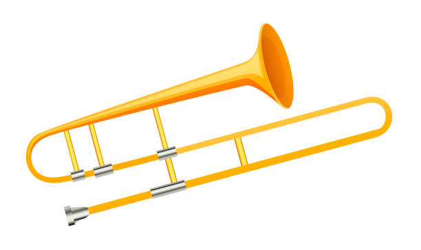 白い背景に金色のトロンボーンのリアルなフラットスタイル。ストレートチューブ付きの大きな金管楽器のクラシック楽器。オーケストラと音楽コンサートのポスターのデザイン画像。ベク� - bugle trumpet jazz music点のイラスト素材／クリップアート素材／マンガ素材／アイコン素材