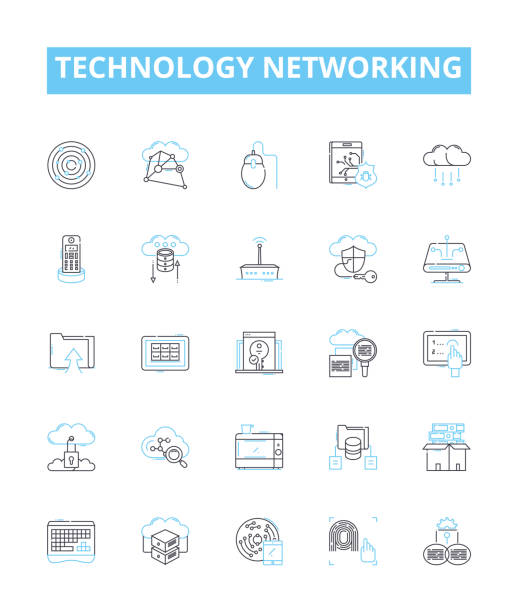 illustrations, cliparts, dessins animés et icônes de jeu d’icônes de ligne vectorielle de mise en réseau technologique. réseau, technologie, lan, wan, tcp, ip, wi-fi illustration esquisse les symboles et les signes conceptuels - wireless technology voip internet network connection plug