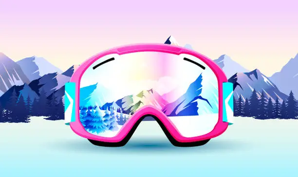 Vector illustration of Realistic pink goggles of woman skier and snowboarder with Alps rocks on background. Winter sporting activity banner with colorful face equipment. Mirror glass with mountains view. Vector illustration