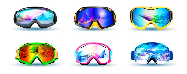 Vector illustration of Set of ski goggles masks for skier or snowboarder isolated on a white background. Winter sport realistic design banner with colorful eyeglass equipment. Mountains in mirror glass. Vector illustration