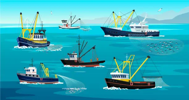 Vector illustration of Set of commercial fishing ships with full fish net under water. Fishing boat with yellow mast working in ocean catching by seine tuna, herring, sardine, salmon. Industry vessels. Vector illustration