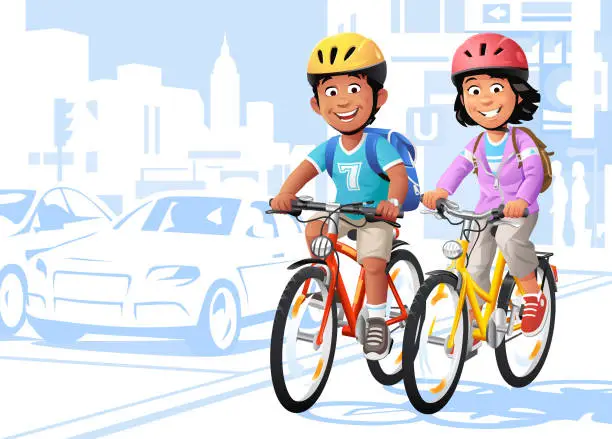 Vector illustration of Boy And Girl Cycling In The City