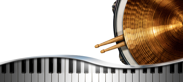 Musical instruments Isolated on white background with copy space, golden cymbal on a snare drum with two wooden drumsticks and a piano keyboard with reflections.
