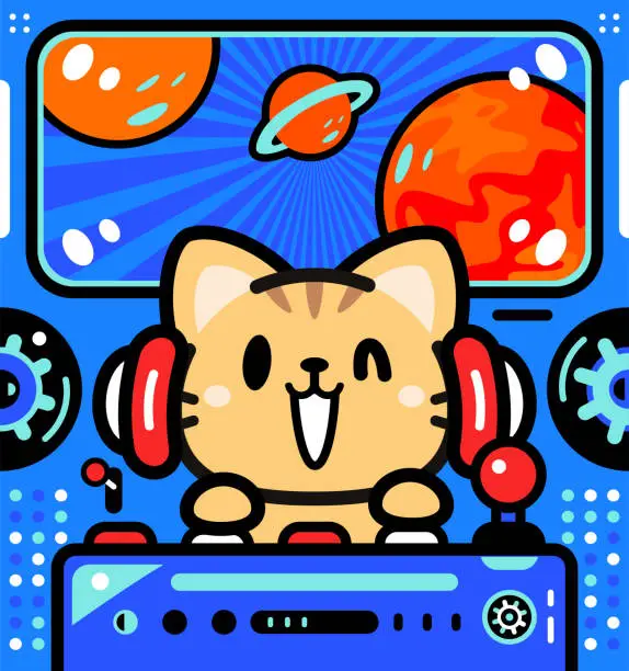 Vector illustration of A cute little cat is piloting an Unlimited Power Spaceship arriving on Mars