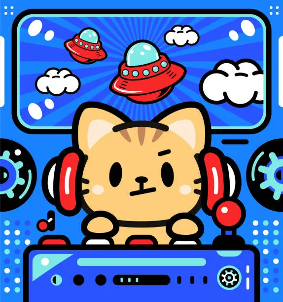 Vector illustration of A cute little cat is piloting an Unlimited Power Spaceship or UFO