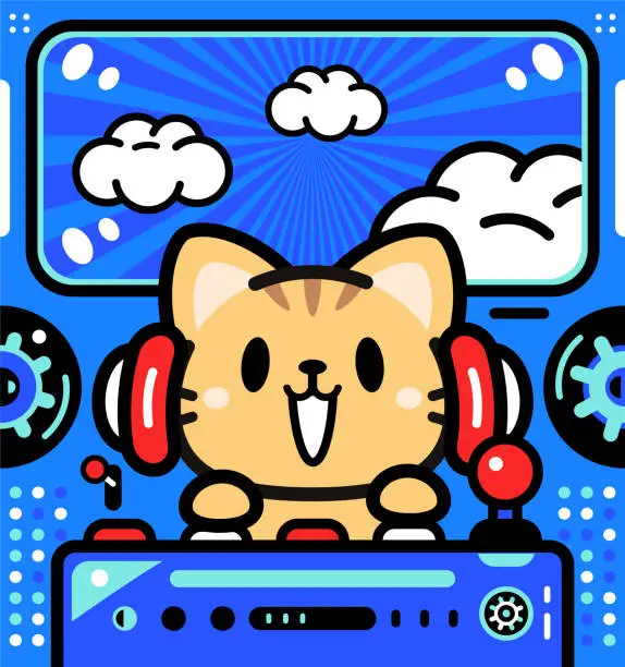 Vector illustration of A cute little cat is piloting an Unlimited Power Spaceship flying in the sky